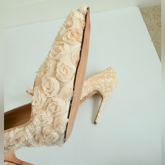 Manolo Blahnik Beige Floral Embellished Lace Pointed Toe Pumps EU 41 - Picture 5 of 10